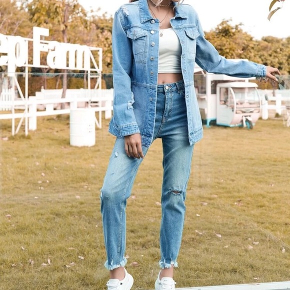 SHEIN Button Front Ripped Denim Jacket - Picture 2 of 3